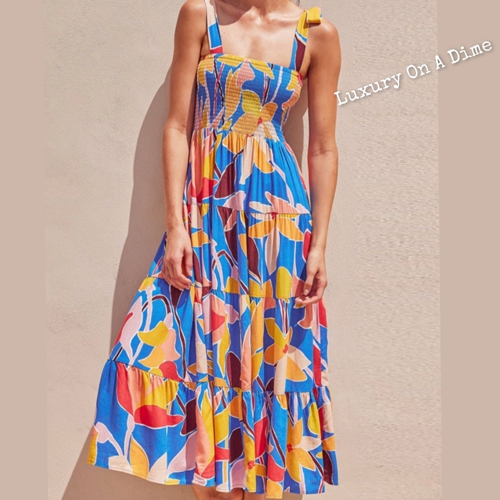 Bright Floral Abstract Tie Shoulder Smocked Bodice Tiered Maxi Retro Color Dress
